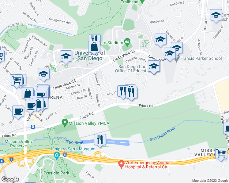 map of restaurants, bars, coffee shops, grocery stores, and more near 6038 Cirrus Street in San Diego