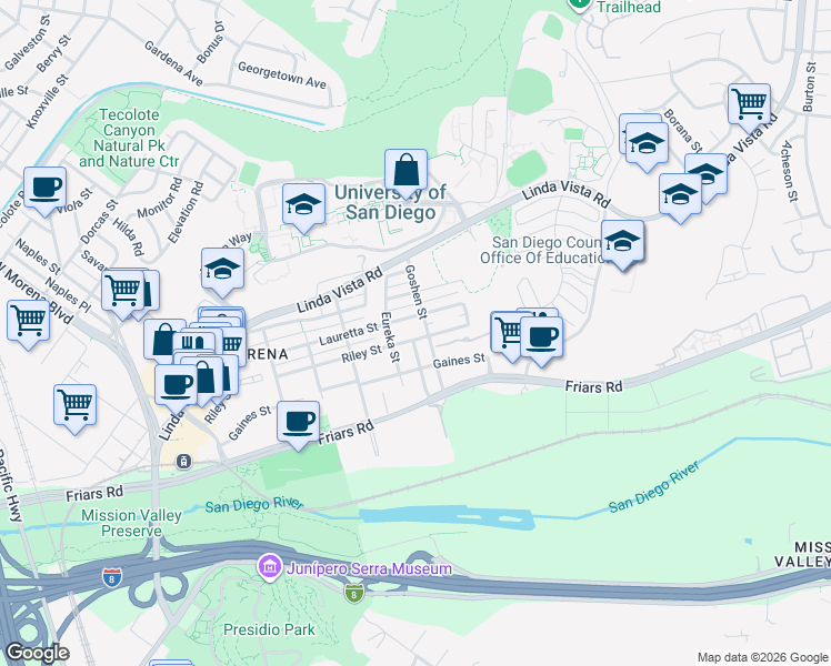 map of restaurants, bars, coffee shops, grocery stores, and more near 5844 Riley Street in San Diego