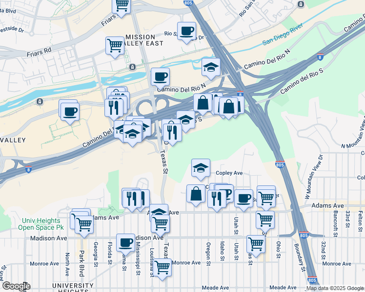 map of restaurants, bars, coffee shops, grocery stores, and more near 2401 Camino del Rio South in San Diego