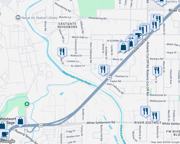map of restaurants, bars, coffee shops, grocery stores, and more near 6001 Calloway Court in Fort Worth