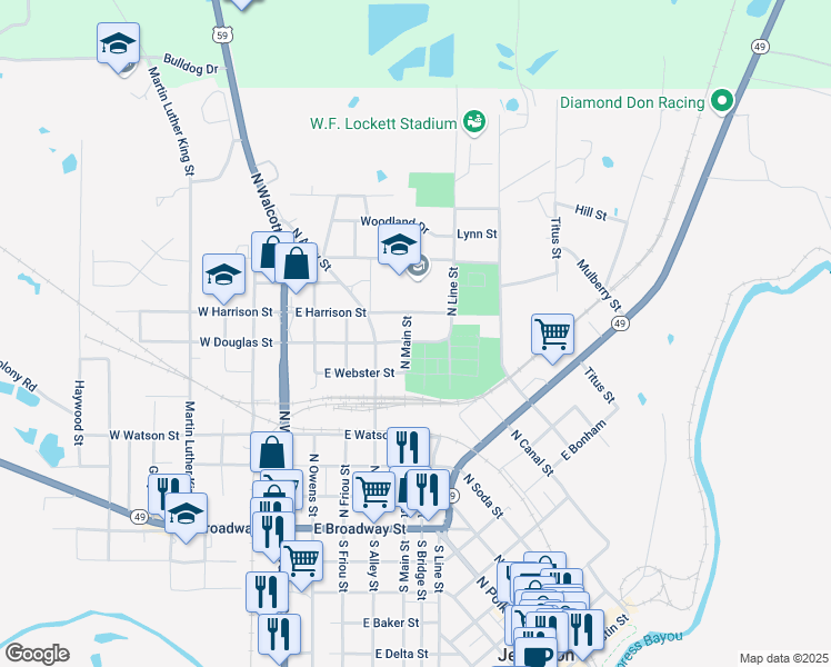 map of restaurants, bars, coffee shops, grocery stores, and more near 503 East Douglas Street in Jefferson