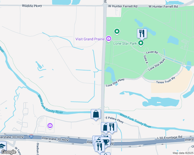 map of restaurants, bars, coffee shops, grocery stores, and more near 744 Refuge Way in Grand Prairie