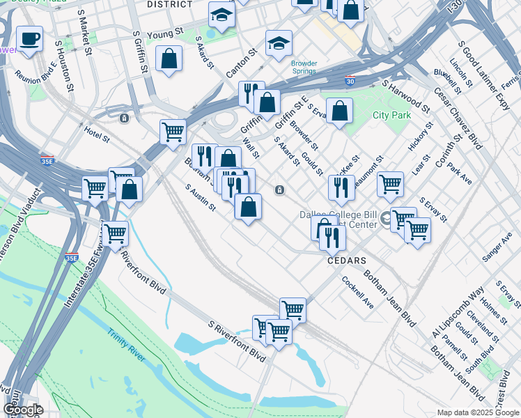 map of restaurants, bars, coffee shops, grocery stores, and more near 1400 Botham Jean Boulevard in Dallas