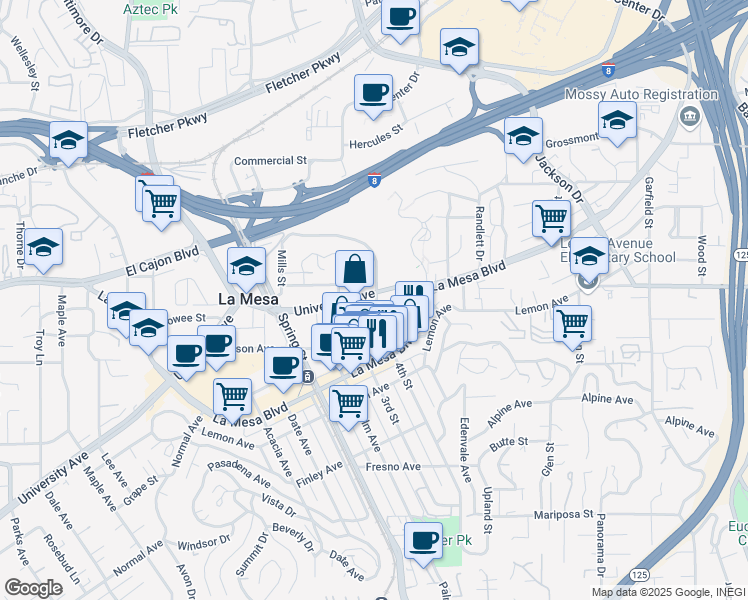 map of restaurants, bars, coffee shops, grocery stores, and more near 8319 University Avenue in La Mesa