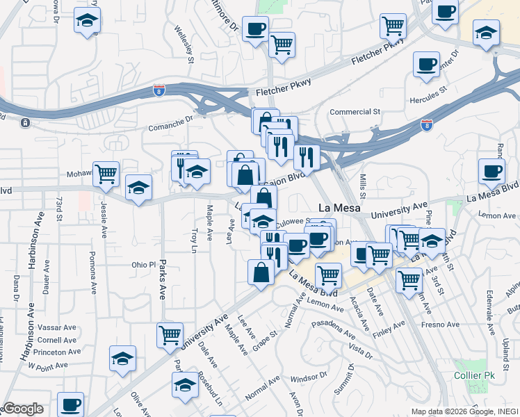 map of restaurants, bars, coffee shops, grocery stores, and more near in La Mesa