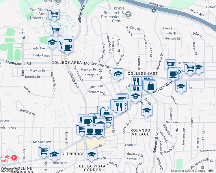 map of restaurants, bars, coffee shops, grocery stores, and more near 4944 Art Street in San Diego