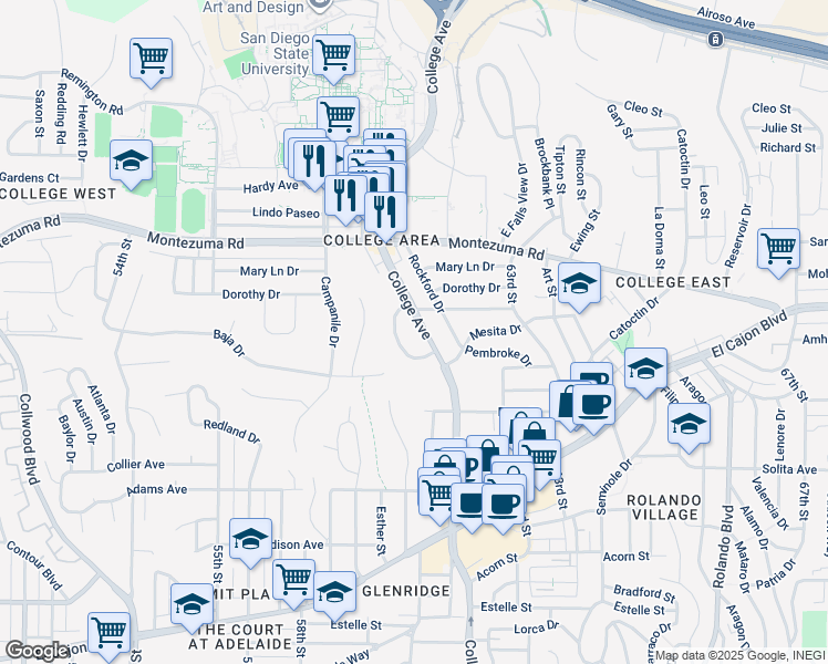 map of restaurants, bars, coffee shops, grocery stores, and more near 4959 Cresita Drive in San Diego