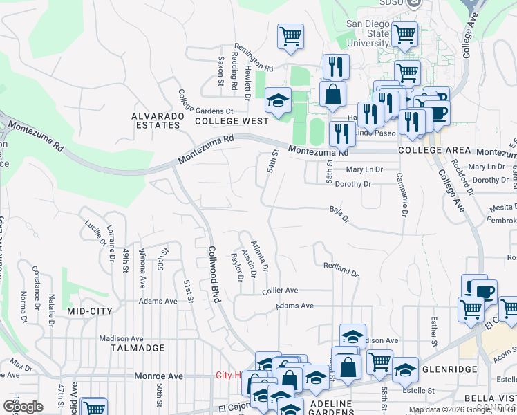 map of restaurants, bars, coffee shops, grocery stores, and more near 4950 54th Street in San Diego