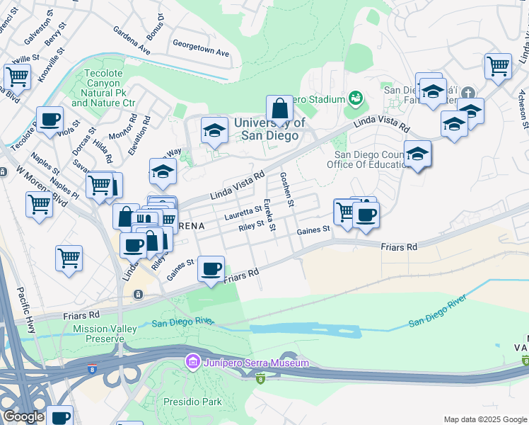 map of restaurants, bars, coffee shops, grocery stores, and more near 5772 Riley Street in San Diego