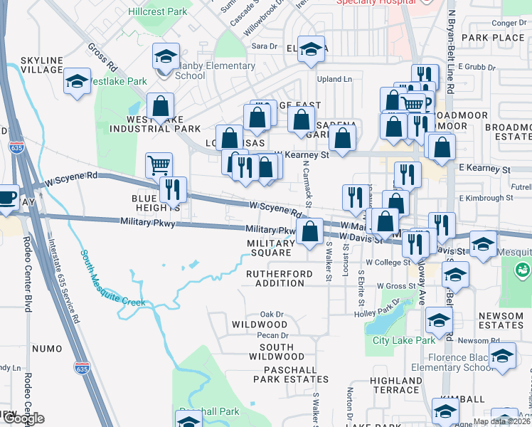 map of restaurants, bars, coffee shops, grocery stores, and more near in Mesquite