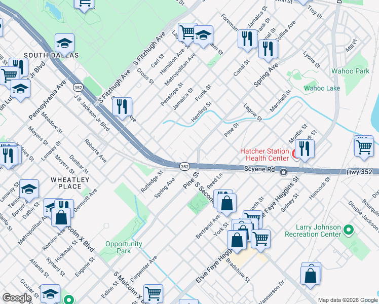 map of restaurants, bars, coffee shops, grocery stores, and more near 3600 Spring Avenue in Dallas