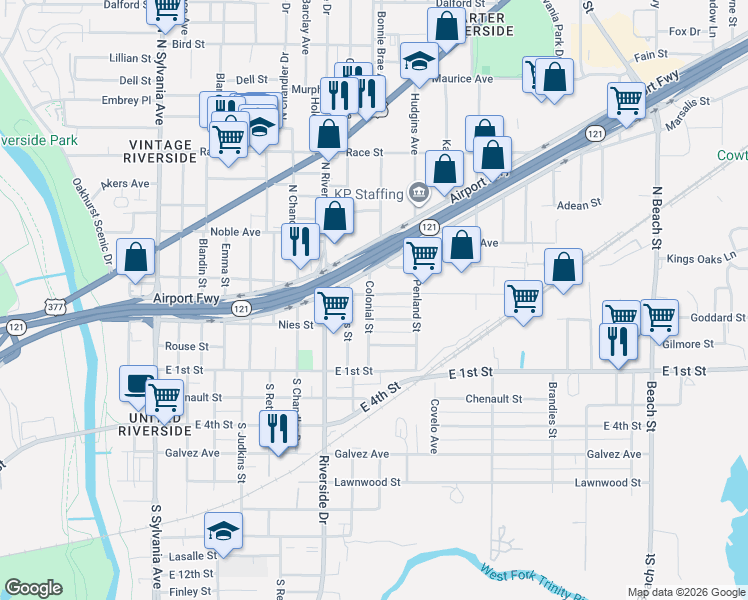 map of restaurants, bars, coffee shops, grocery stores, and more near 3421 Nies Street in Fort Worth