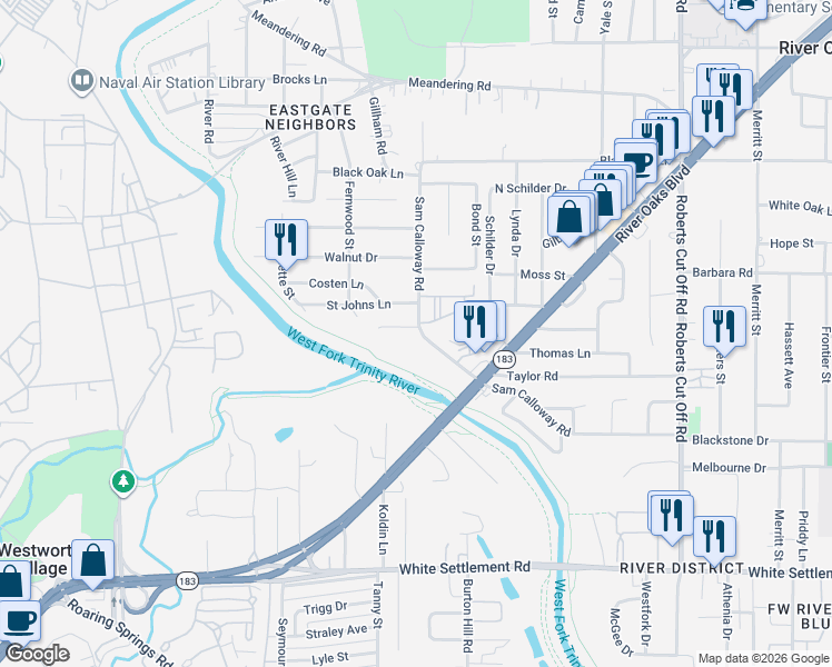 map of restaurants, bars, coffee shops, grocery stores, and more near 6001 Calloway Court in Fort Worth