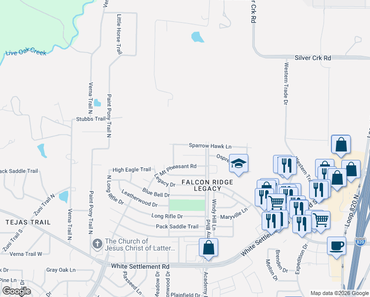 map of restaurants, bars, coffee shops, grocery stores, and more near 9932 Osprey Drive in Fort Worth