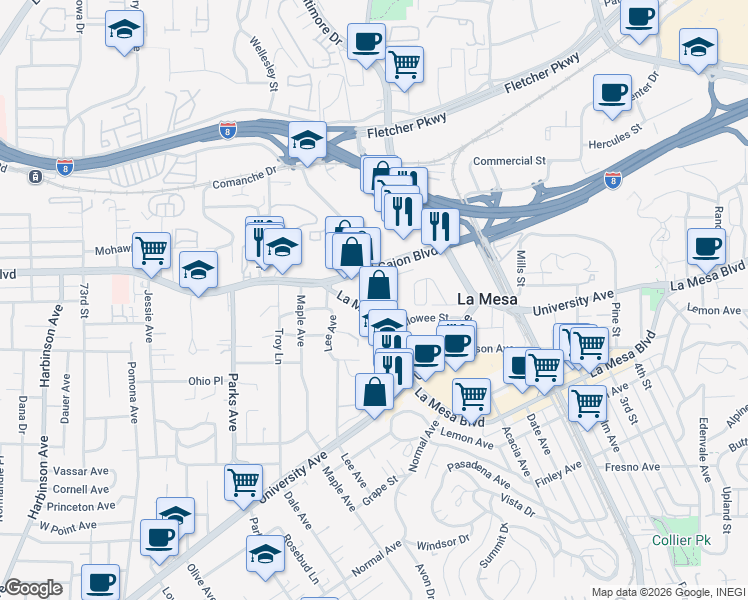 map of restaurants, bars, coffee shops, grocery stores, and more near 4915 Guava Avenue in La Mesa