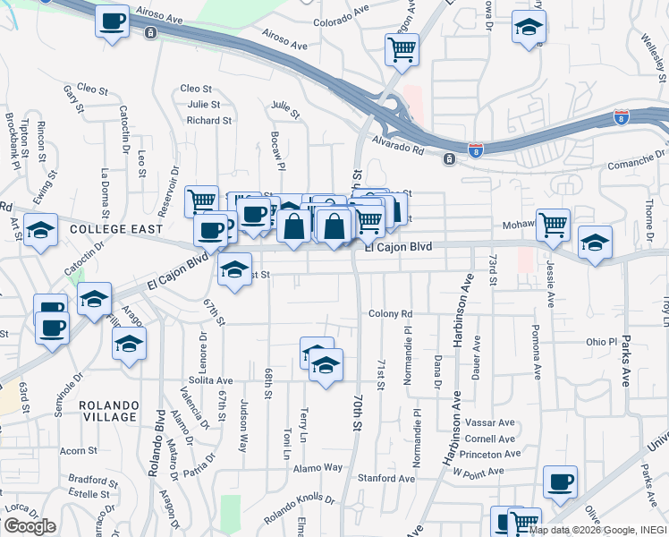 map of restaurants, bars, coffee shops, grocery stores, and more near 6956 Amherst Street in San Diego