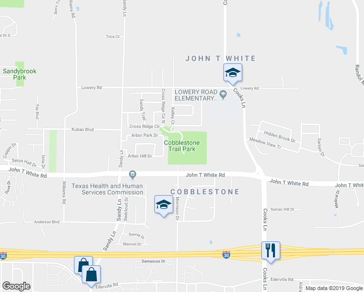 map of restaurants, bars, coffee shops, grocery stores, and more near 7601 John T White Road in Fort Worth