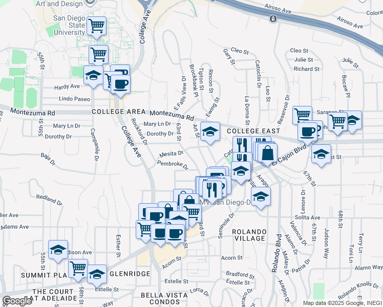 map of restaurants, bars, coffee shops, grocery stores, and more near 4944 Art Street in San Diego