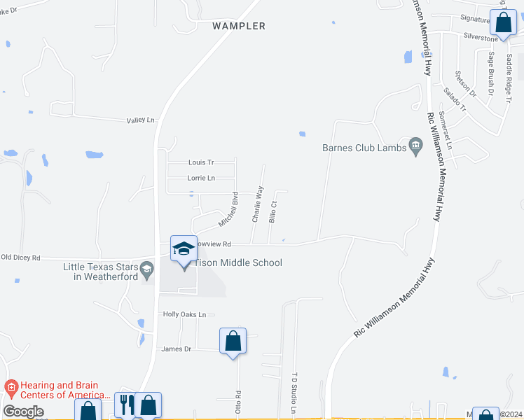 map of restaurants, bars, coffee shops, grocery stores, and more near 306 Charlie Way in Weatherford