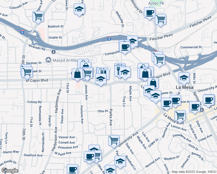map of restaurants, bars, coffee shops, grocery stores, and more near 7589 El Cajon Boulevard in La Mesa