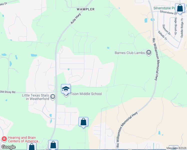 map of restaurants, bars, coffee shops, grocery stores, and more near 306 Charlie Way in Weatherford