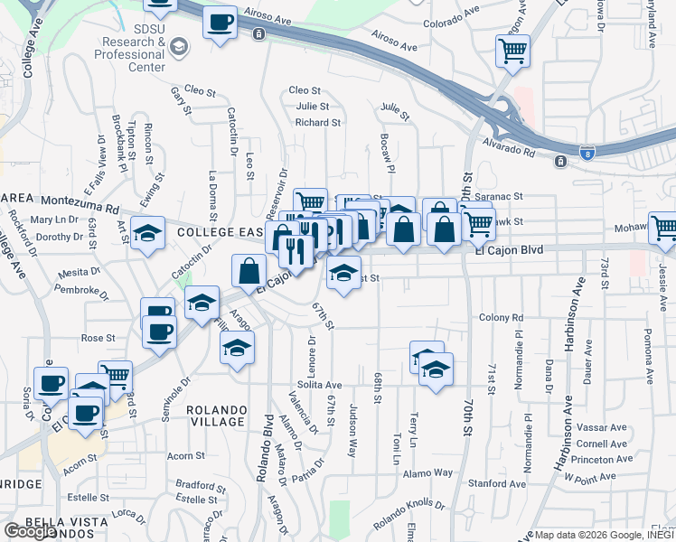 map of restaurants, bars, coffee shops, grocery stores, and more near 6726-28 Amherst Street in San Diego