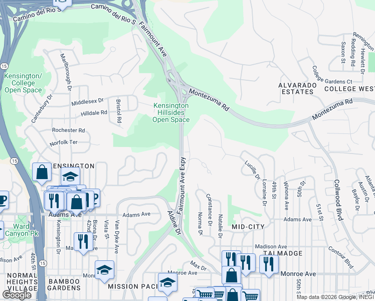 map of restaurants, bars, coffee shops, grocery stores, and more near 4850 Talmadge Park Row in San Diego