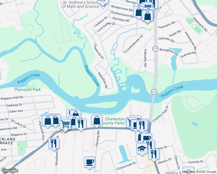 map of restaurants, bars, coffee shops, grocery stores, and more near 10 Rebellion Road in Charleston