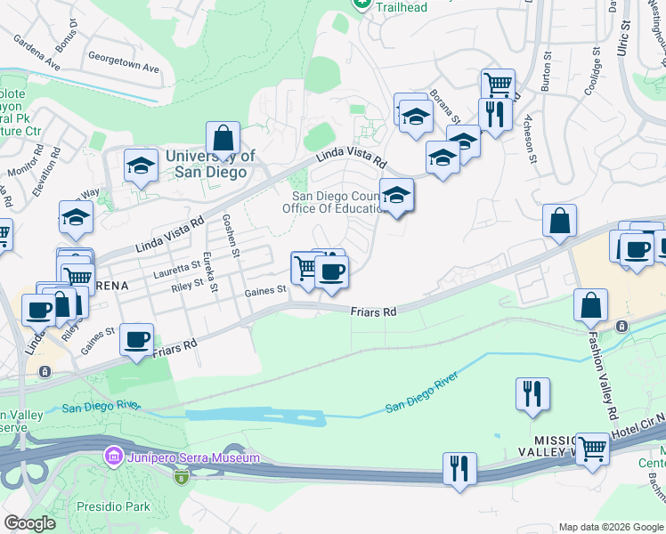 map of restaurants, bars, coffee shops, grocery stores, and more near 6354 Caminito Basilio in San Diego