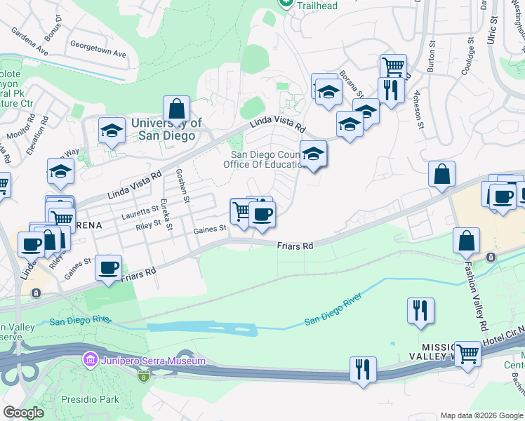 map of restaurants, bars, coffee shops, grocery stores, and more near 6354 Caminito Basilio in San Diego