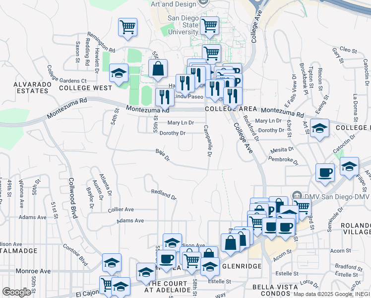 map of restaurants, bars, coffee shops, grocery stores, and more near 5643 Dorothy Way in San Diego