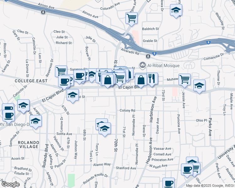 map of restaurants, bars, coffee shops, grocery stores, and more near 4881 70th Street in San Diego