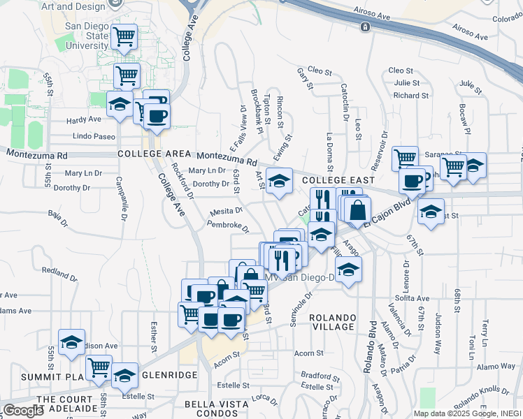map of restaurants, bars, coffee shops, grocery stores, and more near 4944 Art Street in San Diego