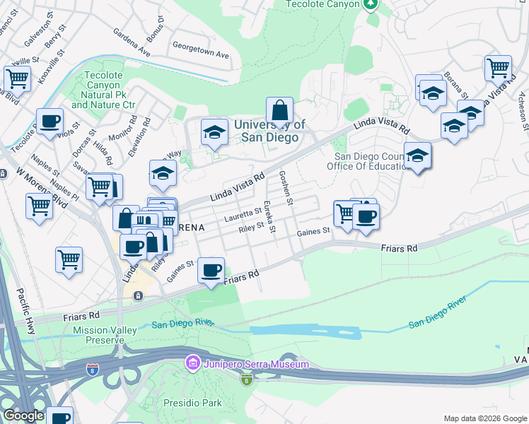 map of restaurants, bars, coffee shops, grocery stores, and more near 5765 Lauretta Street in San Diego