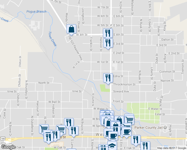 map of restaurants, bars, coffee shops, grocery stores, and more near 810 North Alamo Street in Weatherford