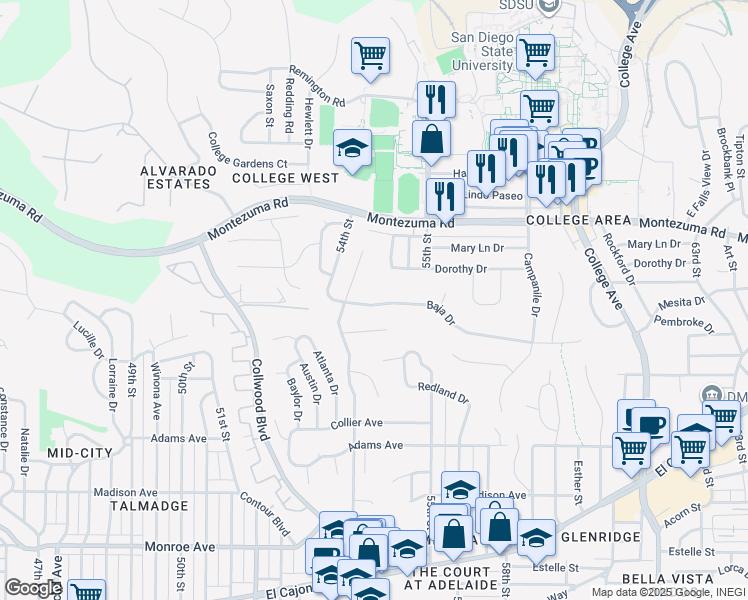 map of restaurants, bars, coffee shops, grocery stores, and more near 5461 Baja Drive in San Diego
