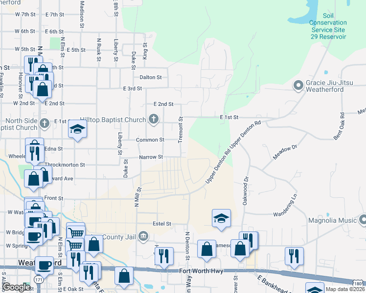 map of restaurants, bars, coffee shops, grocery stores, and more near 707 Tremont Street in Weatherford