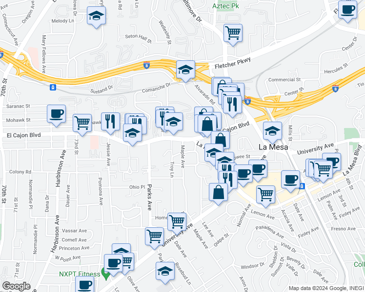 map of restaurants, bars, coffee shops, grocery stores, and more near 7720 Sunset Drive in La Mesa