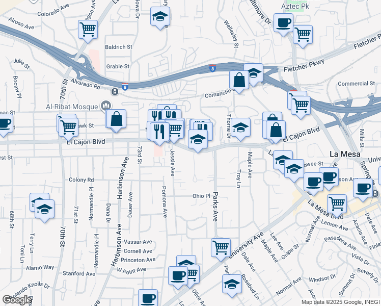 map of restaurants, bars, coffee shops, grocery stores, and more near 7475 El Cajon Boulevard in La Mesa