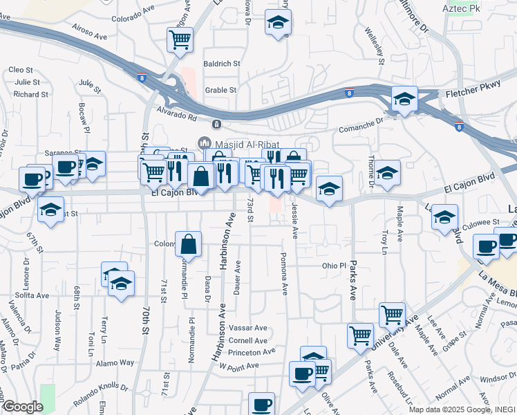 map of restaurants, bars, coffee shops, grocery stores, and more near 4876 73rd Street in La Mesa