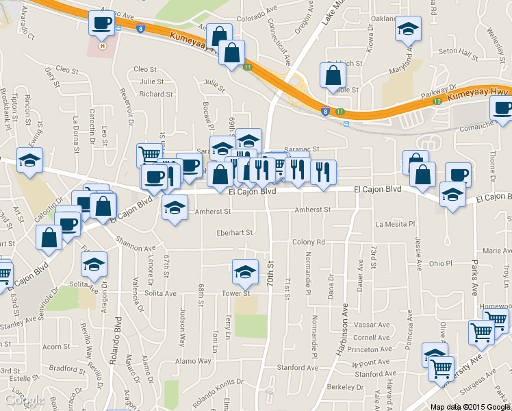 map of restaurants, bars, coffee shops, grocery stores, and more near 6951 Amherst Street in San Diego