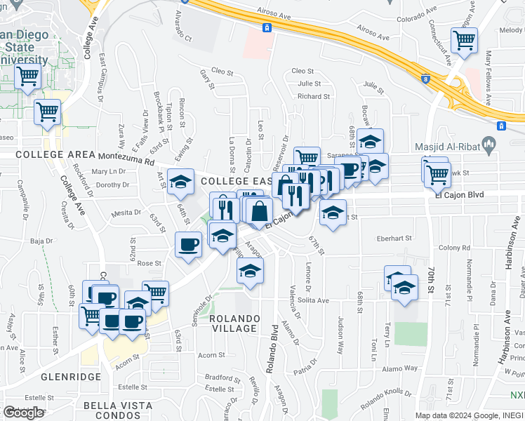 map of restaurants, bars, coffee shops, grocery stores, and more near 6556 El Cajon Boulevard in San Diego