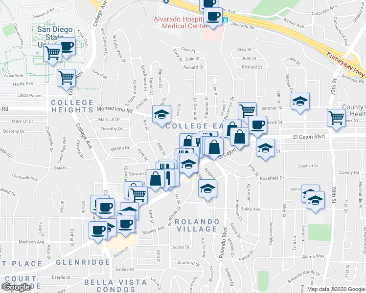 map of restaurants, bars, coffee shops, grocery stores, and more near 4820 Curry Drive in San Diego