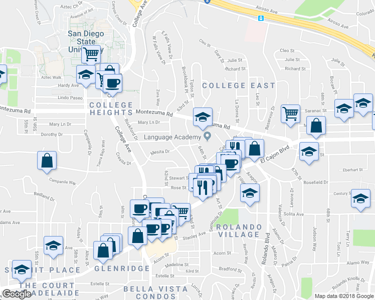 map of restaurants, bars, coffee shops, grocery stores, and more near 4944 Art Street in San Diego