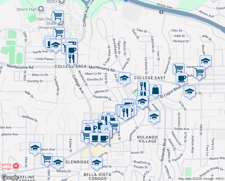 map of restaurants, bars, coffee shops, grocery stores, and more near 6223 Mesita Drive in San Diego