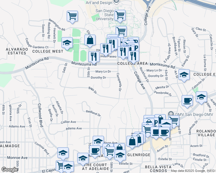 map of restaurants, bars, coffee shops, grocery stores, and more near 5643 Dorothy Way in San Diego