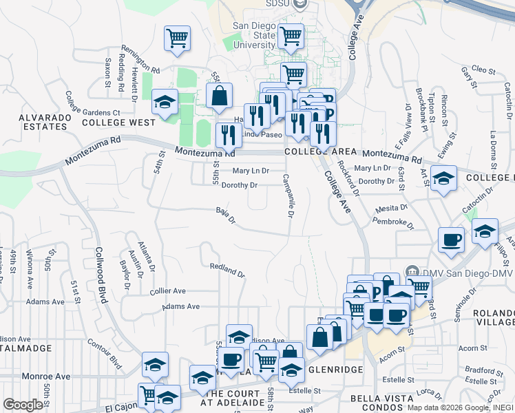 map of restaurants, bars, coffee shops, grocery stores, and more near 5643 Dorothy Way in San Diego