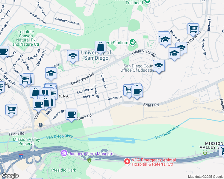 map of restaurants, bars, coffee shops, grocery stores, and more near 6001 Cirrus Street in San Diego