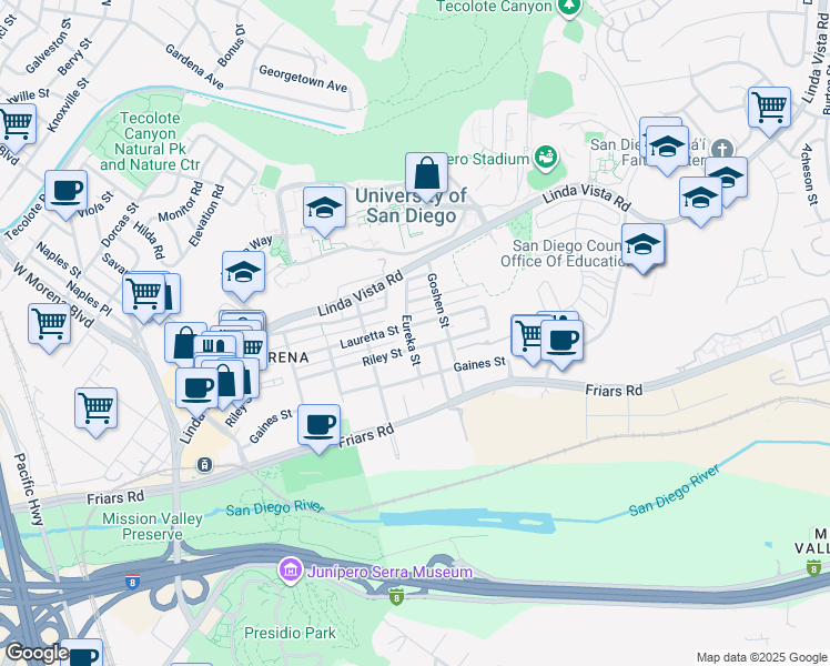 map of restaurants, bars, coffee shops, grocery stores, and more near 5772 Riley Street in San Diego