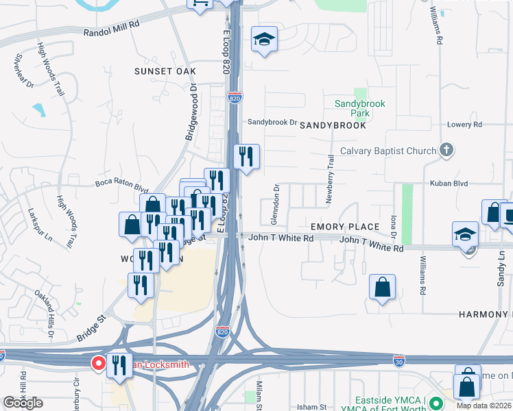map of restaurants, bars, coffee shops, grocery stores, and more near 821 East Loop 820 in Fort Worth